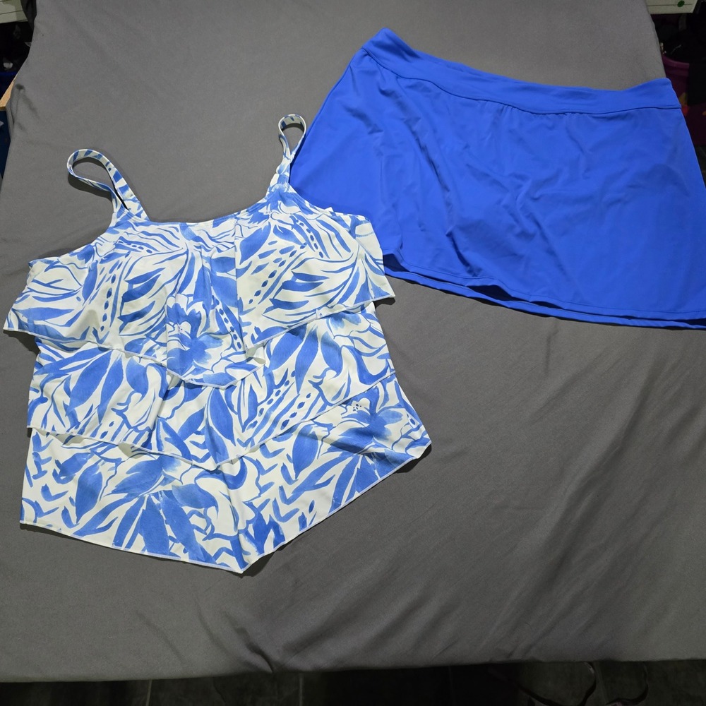 Susan Graver Tankini Swimsuit Set Women 26W Blue White Ruffle Tropical Skirt